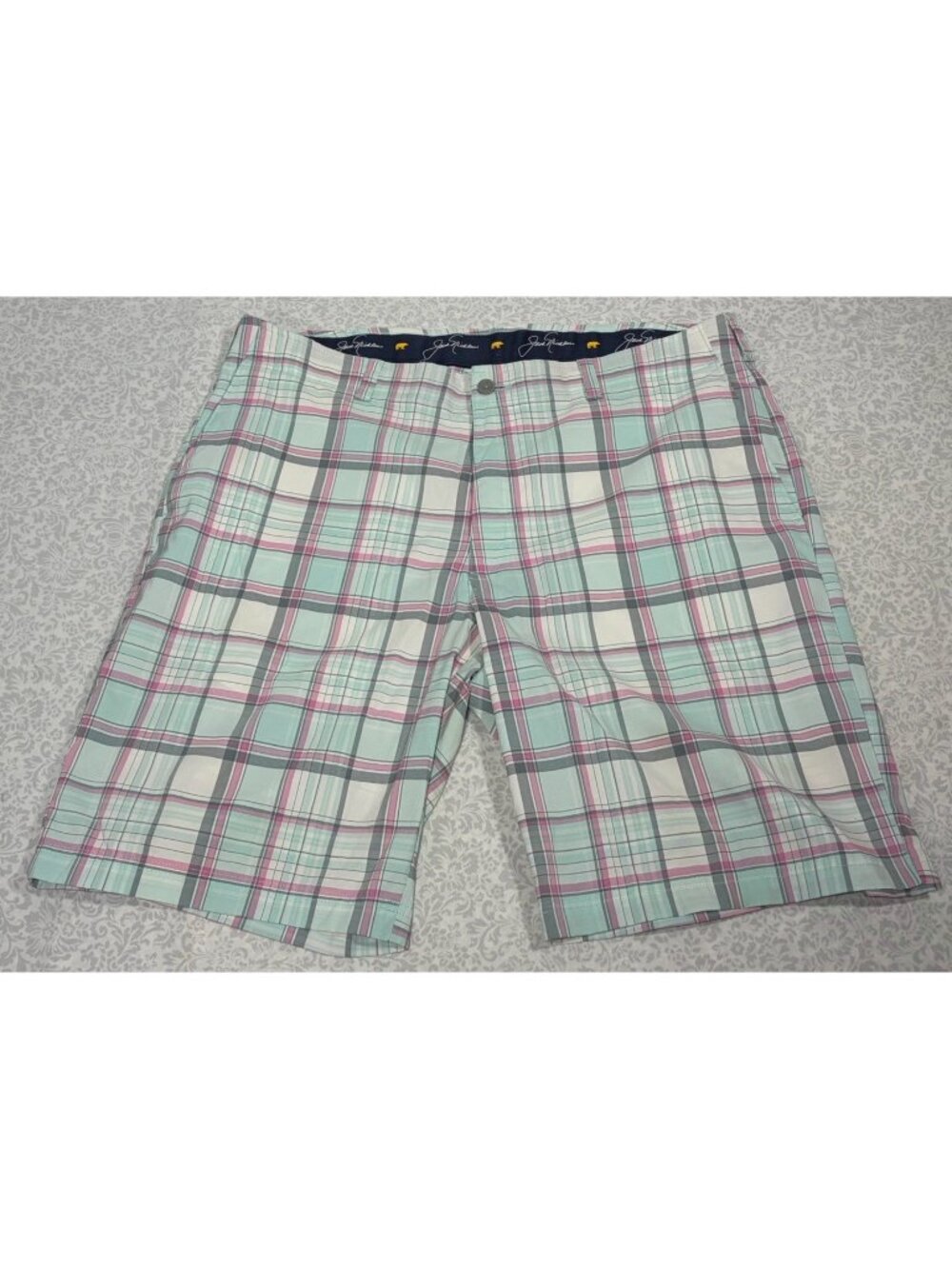 Men’s Sz 38 Jack Nicklaus Golf Shorts Plaid Pink White Teal Performance